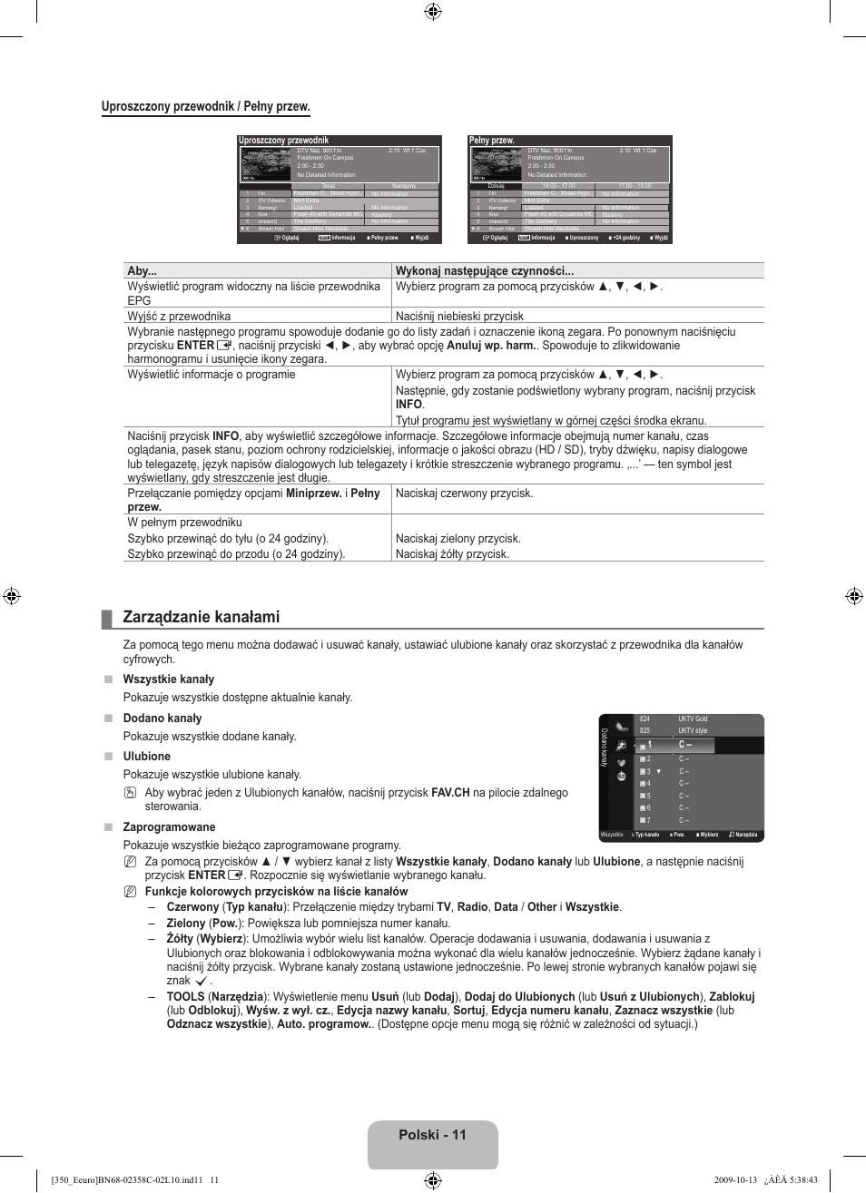 Zarządzanie kanałami, Polski - 11 uproszczony przewodnik / pełny przew | Samsung LE32B350F1W User Manual | Page 77 / 328