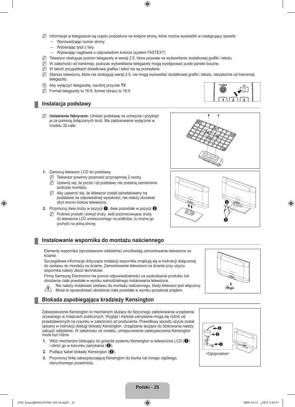 Instalacja podstawy, Instalowanie wspornika do montażu naściennego, Blokada zapobiegająca kradzieży kensington | Samsung LE32B350F1W User Manual | Page 91 / 328