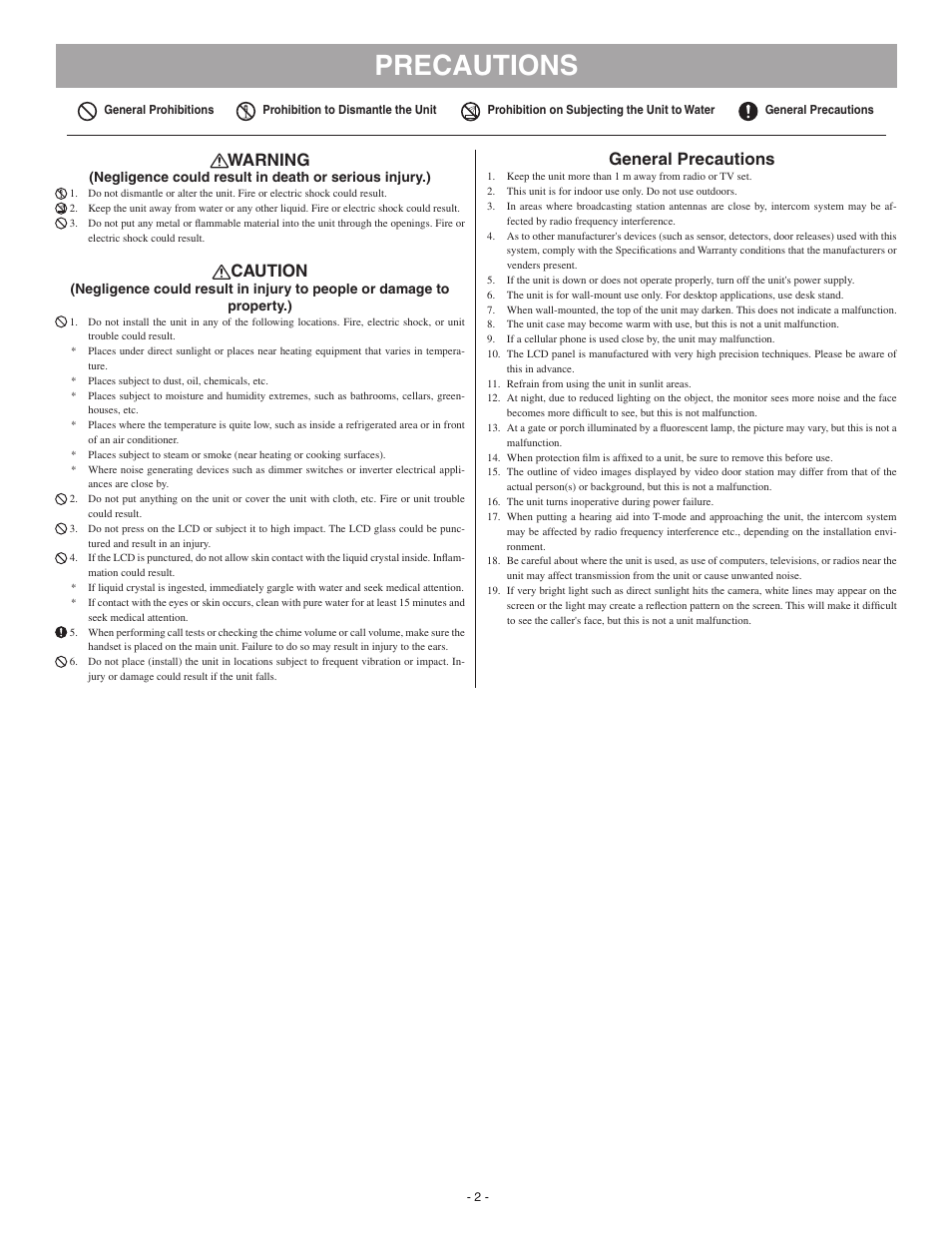 Precautions, Warning, Caution | General precautions | Aiphone GT-1M-L User Manual | Page 2 / 10