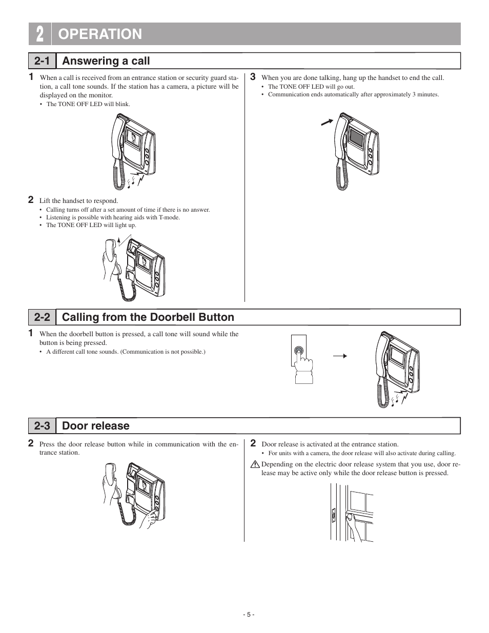 Operation, Answering a call 2-1 | Aiphone GT-1M-L User Manual | Page 5 / 10