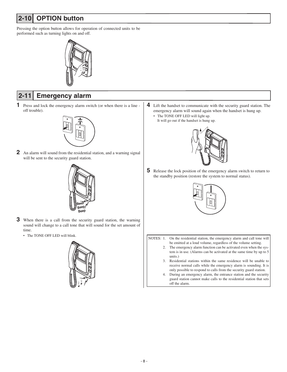 Emergency alarm 2-11, Option button 2-10 | Aiphone GT-1M-L User Manual | Page 8 / 10