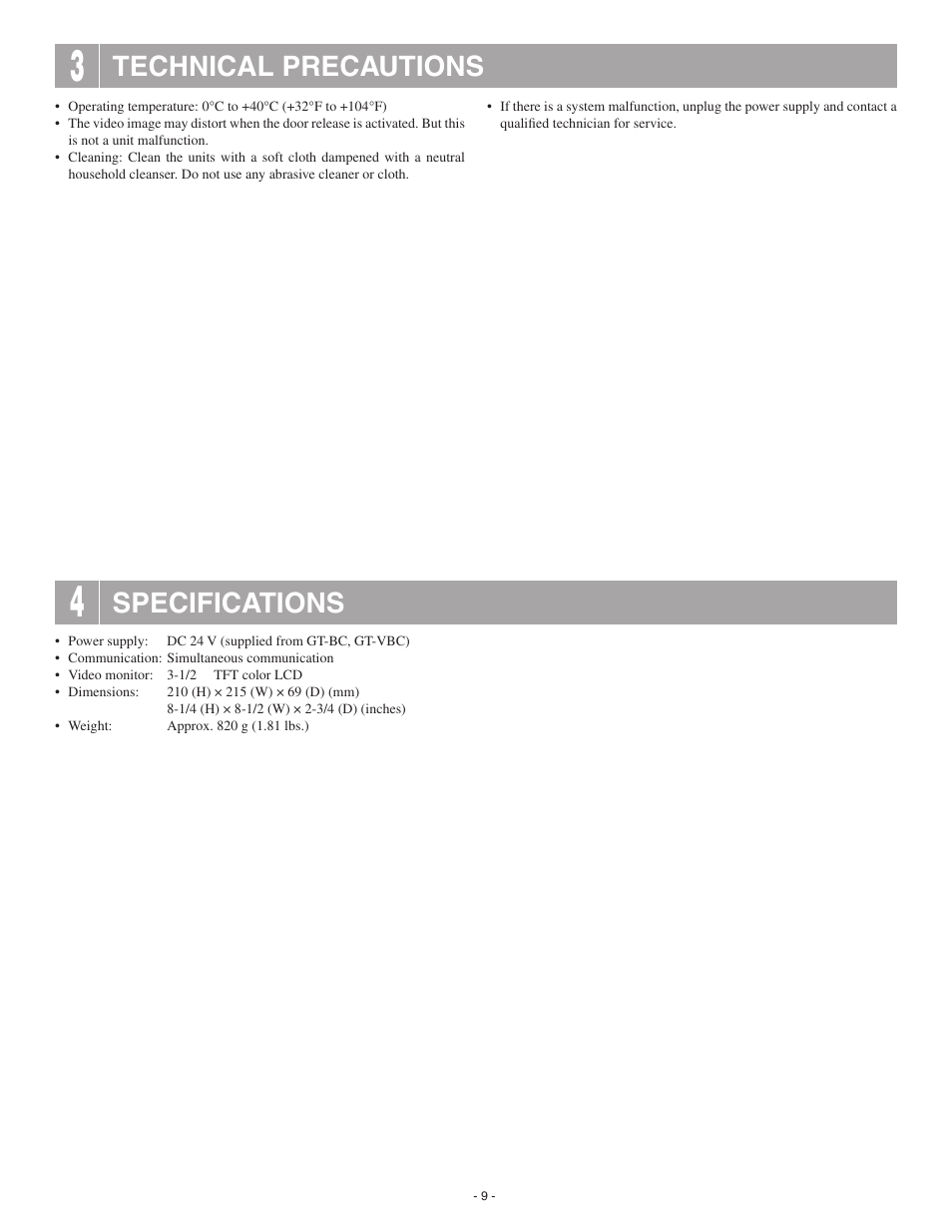 Technical precautions, Specifications | Aiphone GT-1M-L User Manual | Page 9 / 10