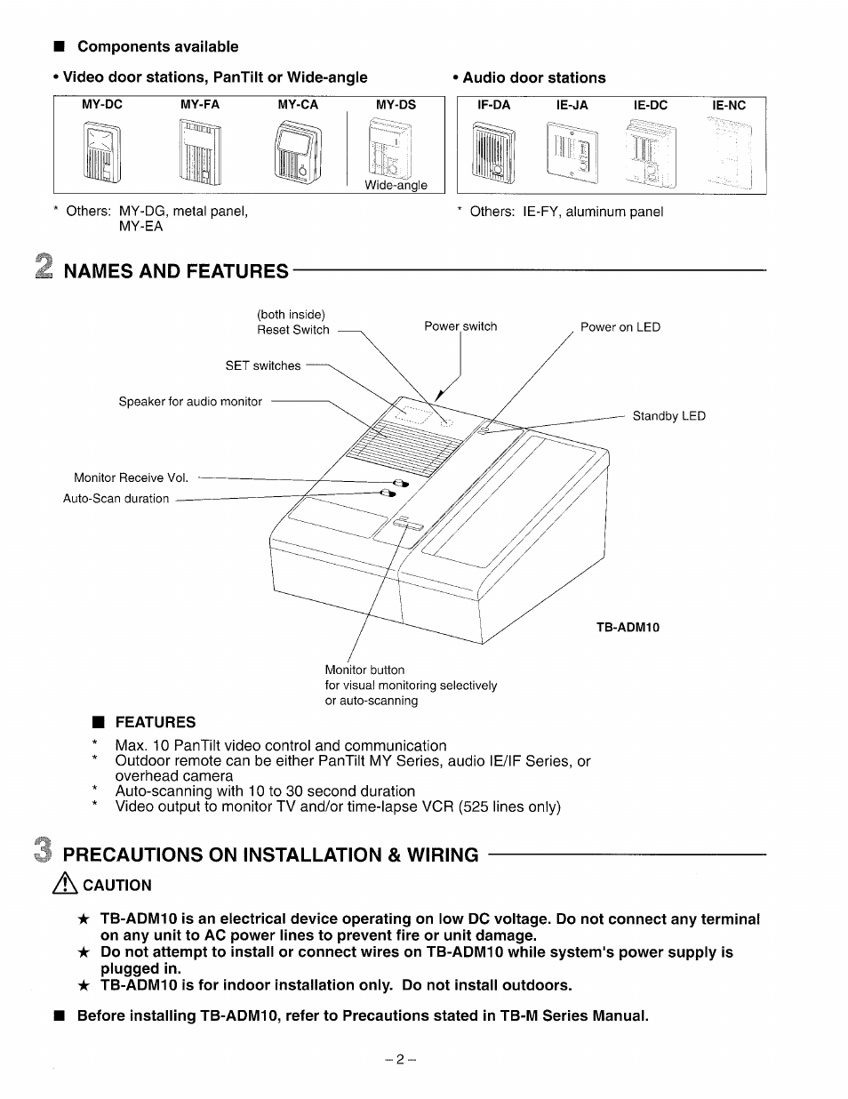 Names and features, Features, Precautions on installation & wiring | A caution | Aiphone TB-ADM10 User Manual | Page 2 / 8