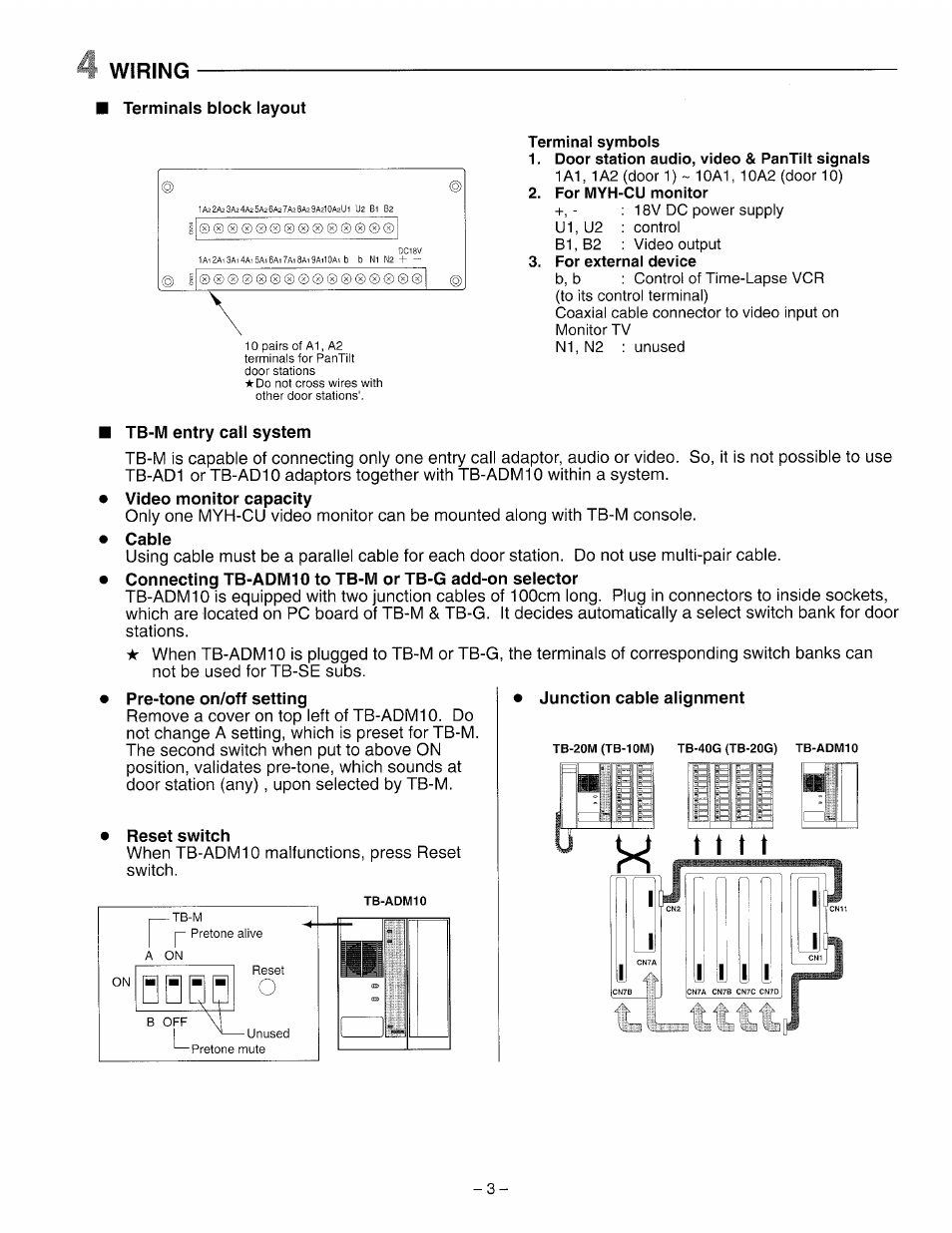 Wiring, Terminals block layout, Tb-m entry call system | Reset switch, 4 wiring, Junction cable alignment | Aiphone TB-ADM10 User Manual | Page 3 / 8