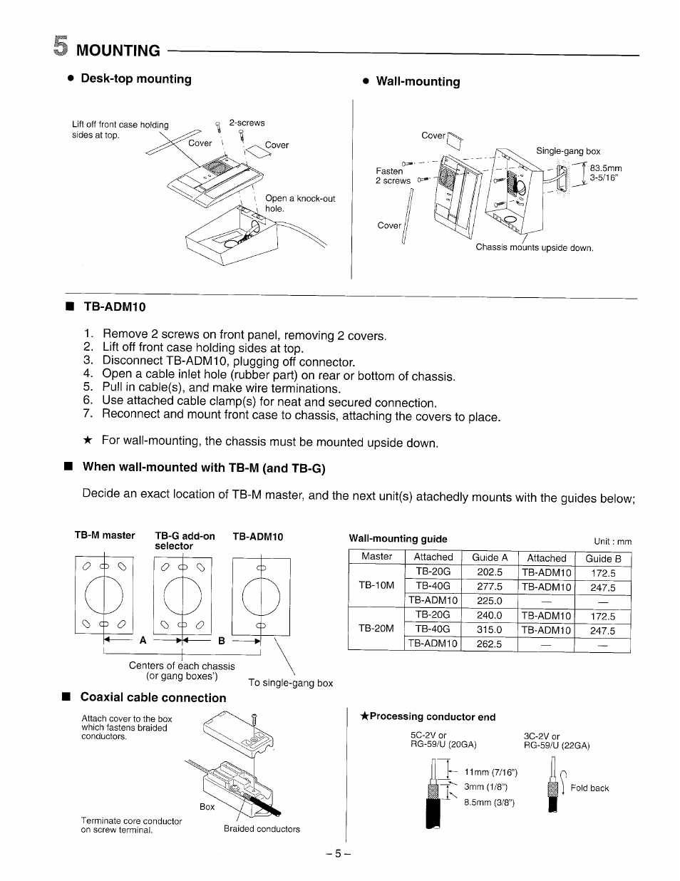 Mounting, Desk-top mounting, Tb-adm10 | When wall-mounted with tb-m (and tb-g), 5 mounting | Aiphone TB-ADM10 User Manual | Page 5 / 8