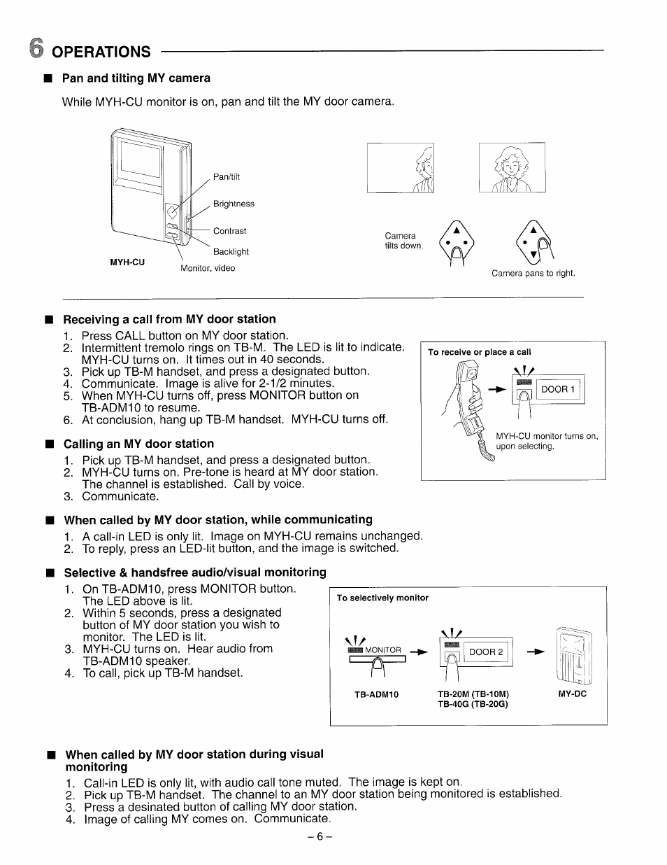 Operations, Pan and tilting my camera, Receiving a call from my door station | Selective & handsfree audio/visual monitoring, 6 operations | Aiphone TB-ADM10 User Manual | Page 6 / 8