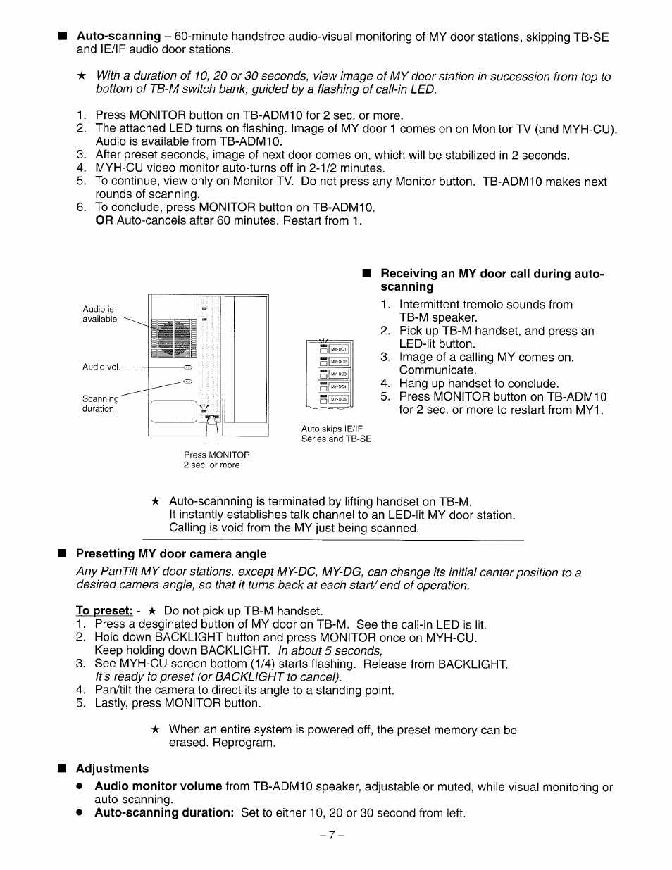Receiving an my door caii during autoscanning, Presetting my door camera angie, Adjustments | Aiphone TB-ADM10 User Manual | Page 7 / 8