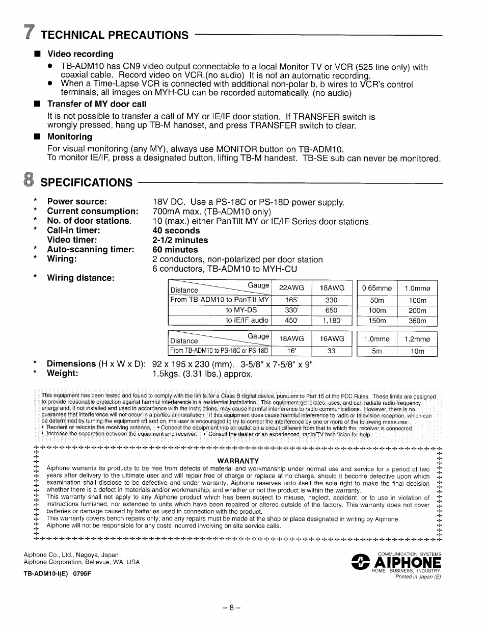 Technical precautions, Video recording, Transfer of my door call | Monitoring, Specifications, 7 technical precautions 8 specifications, Aiphone | Aiphone TB-ADM10 User Manual | Page 8 / 8