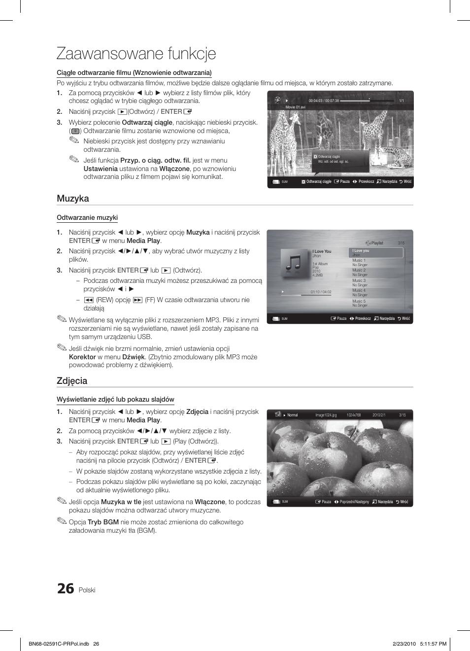 Zaawansowane funkcje, Muzyka, Zdjęcia | Samsung LE22C450E1W User Manual | Page 104 / 391