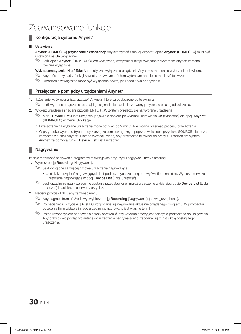 Zaawansowane funkcje | Samsung LE22C450E1W User Manual | Page 108 / 391