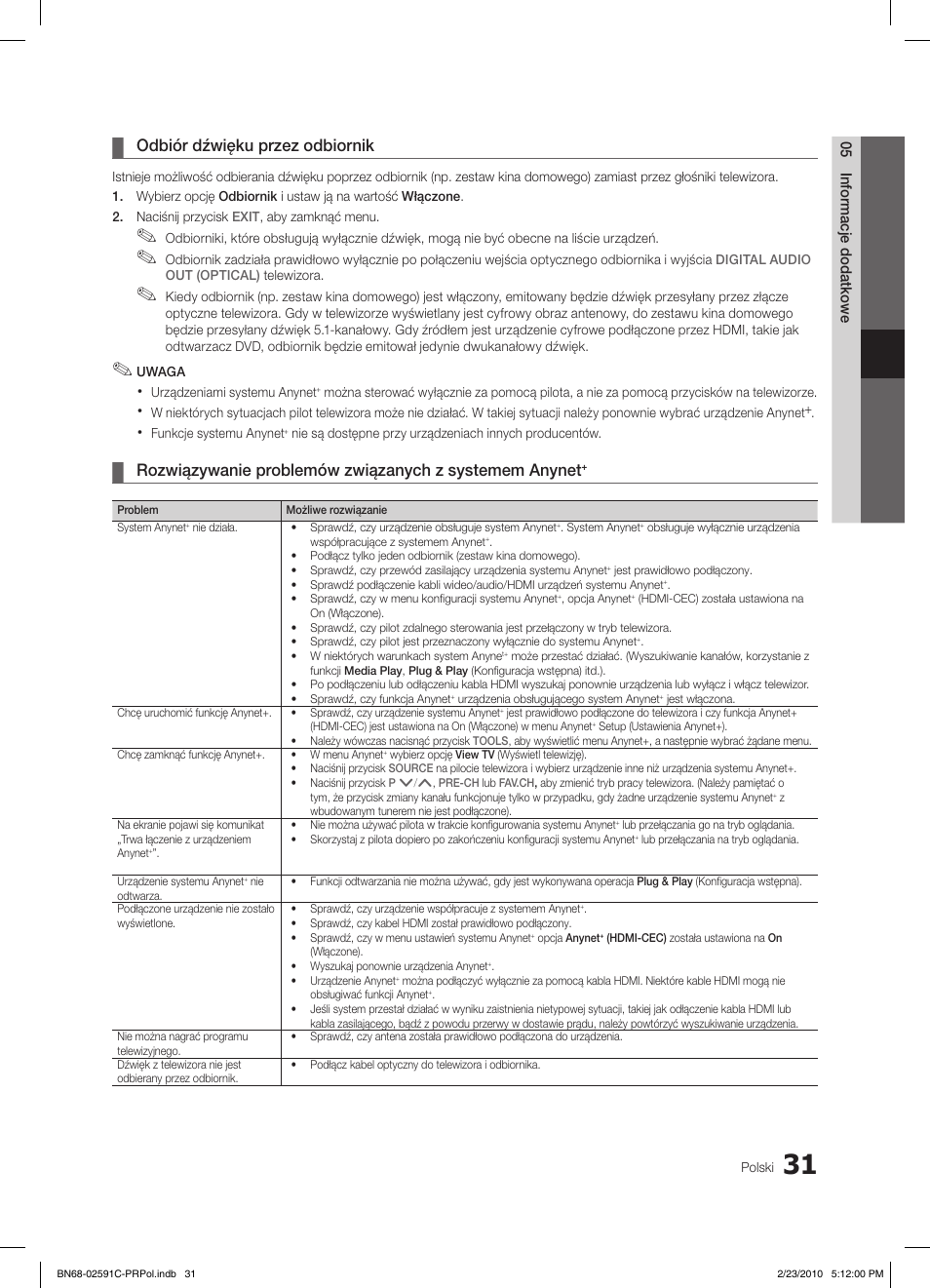 Odbiór dźwięku przez odbiornik | Samsung LE22C450E1W User Manual | Page 109 / 391