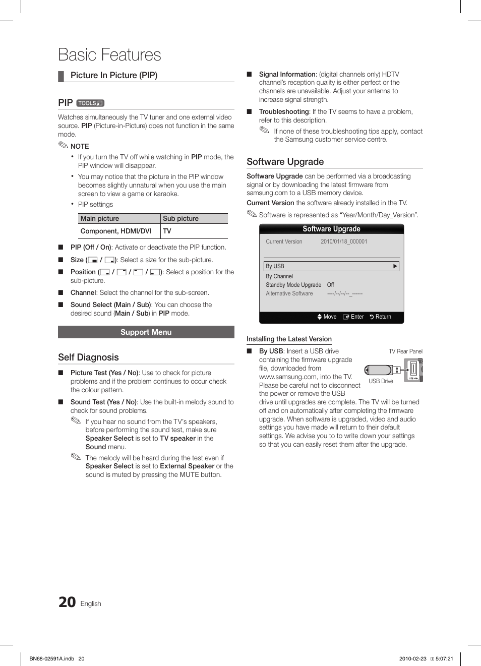 Basic features, Self diagnosis, Software upgrade | Samsung LE22C450E1W User Manual | Page 20 / 391