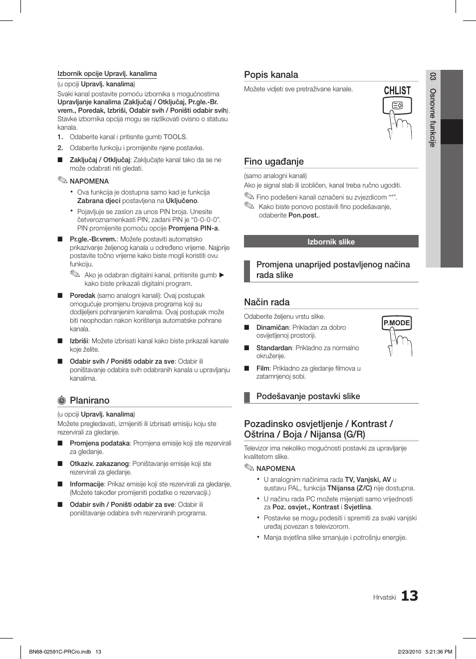 Planirano, Popis kanala, Fino ugađanje | Način rada | Samsung LE22C450E1W User Manual | Page 208 / 391