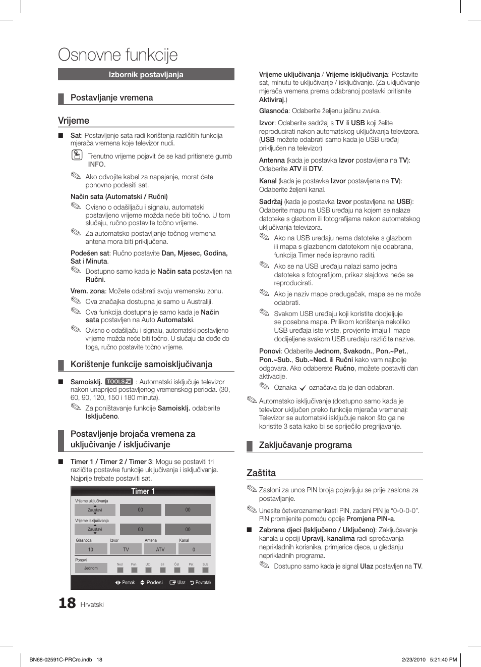 Osnovne funkcije, Vrijeme, Zaštita | Samsung LE22C450E1W User Manual | Page 213 / 391