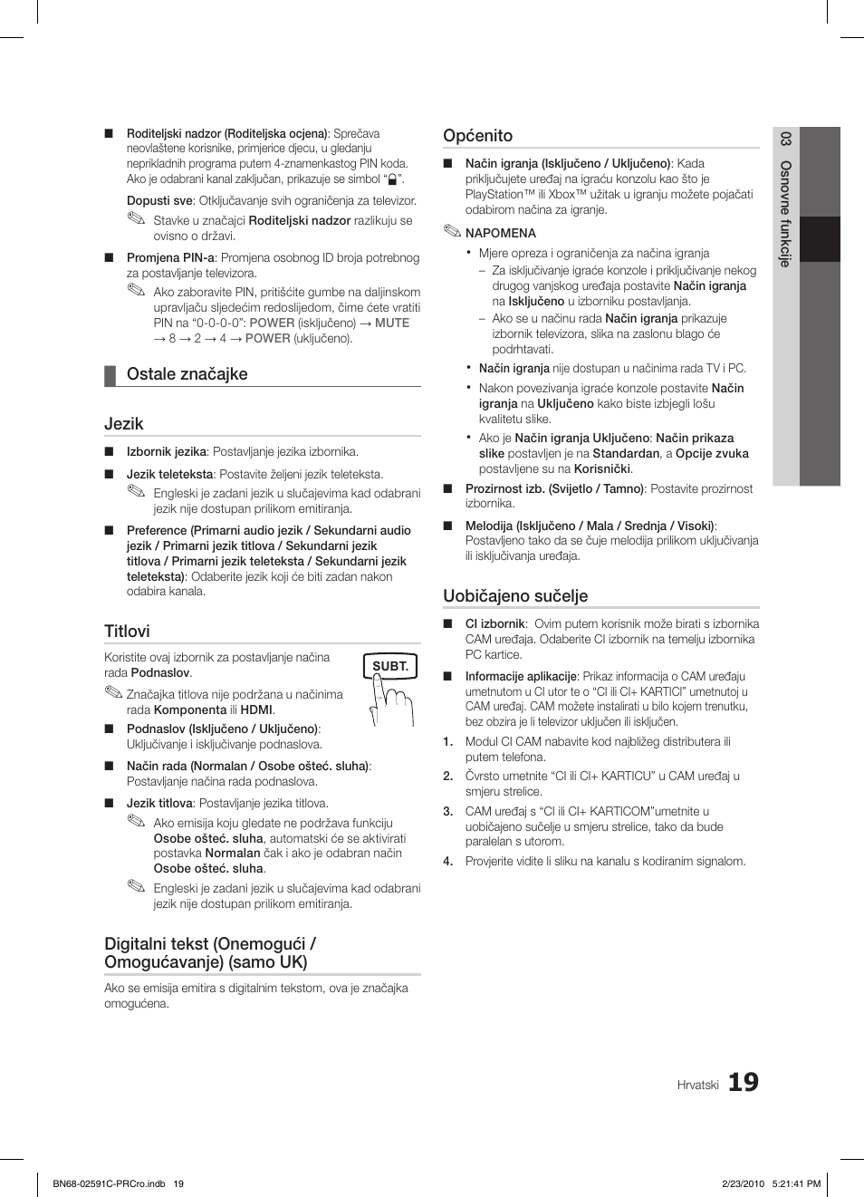Ostale značajke ¦ jezik, Titlovi, Općenito | Uobičajeno sučelje | Samsung LE22C450E1W User Manual | Page 214 / 391