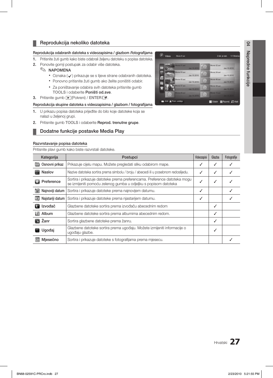 Reprodukcija nekoliko datoteka, Dodatne funkcije postavke media play | Samsung LE22C450E1W User Manual | Page 222 / 391
