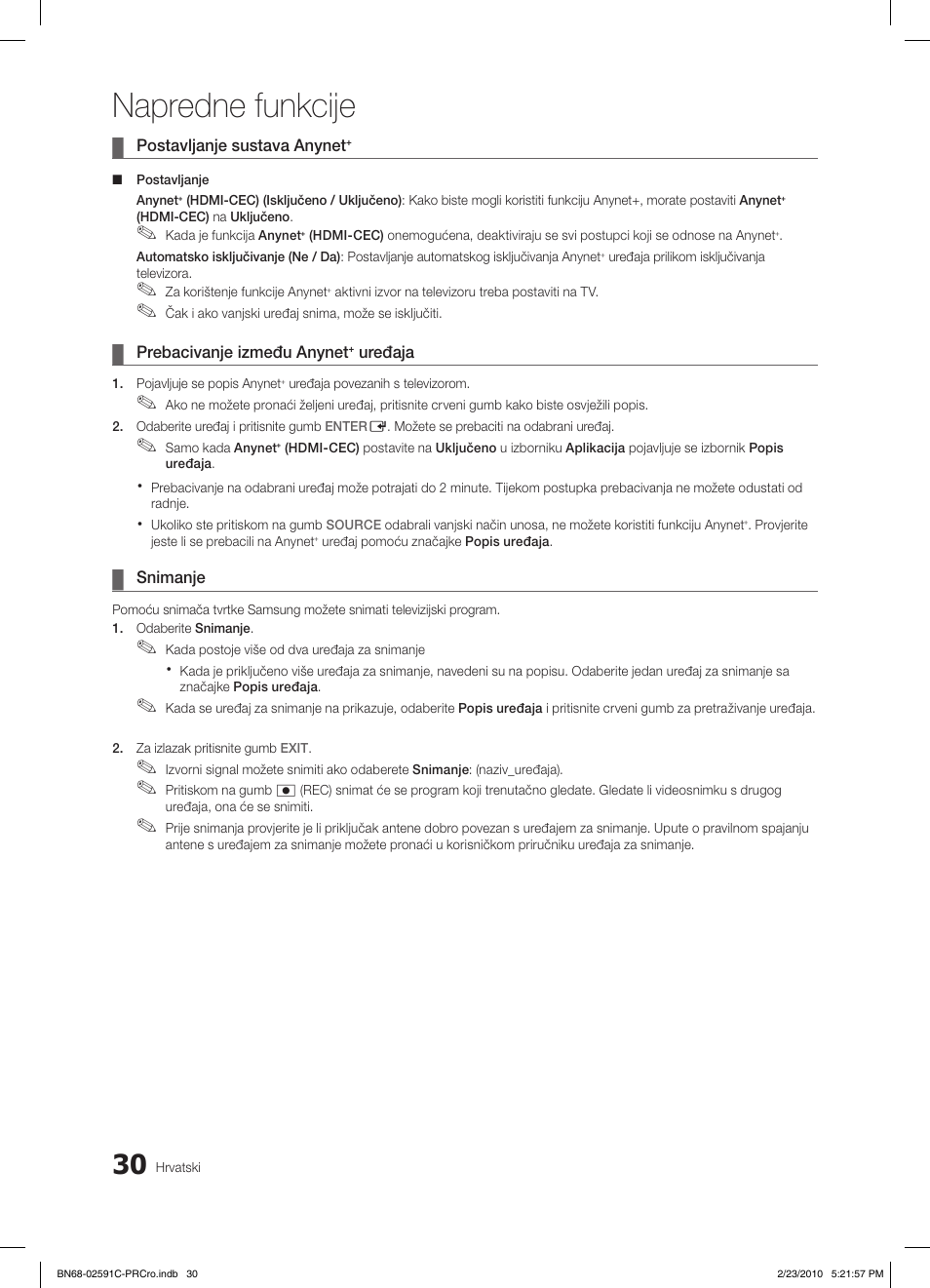 Napredne funkcije | Samsung LE22C450E1W User Manual | Page 225 / 391