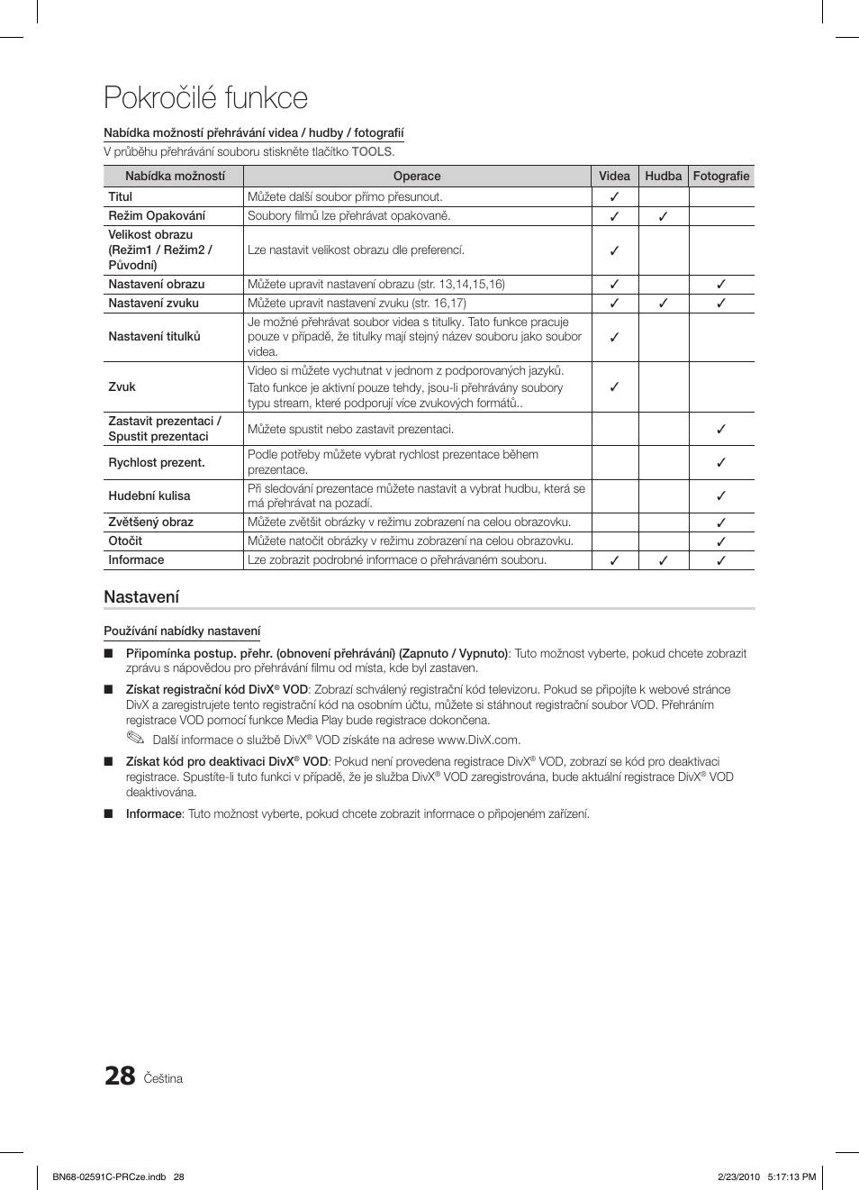 Pokročilé funkce, Nastavení | Samsung LE22C450E1W User Manual | Page 262 / 391