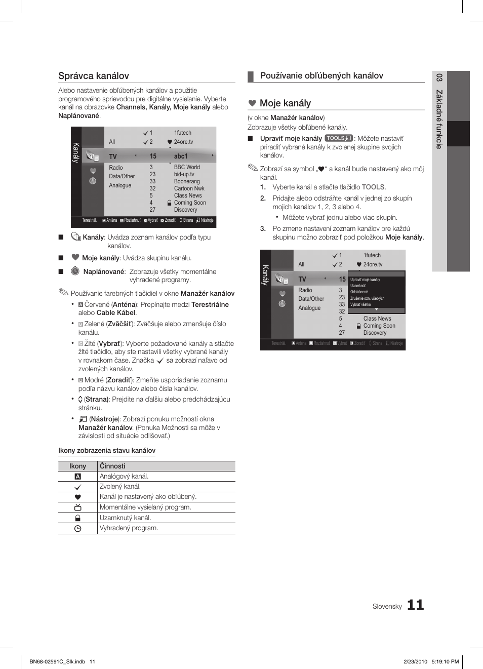 Správca kanálov, Moje kanály, Používanie obľúbených kanálov | Samsung LE22C450E1W User Manual | Page 284 / 391