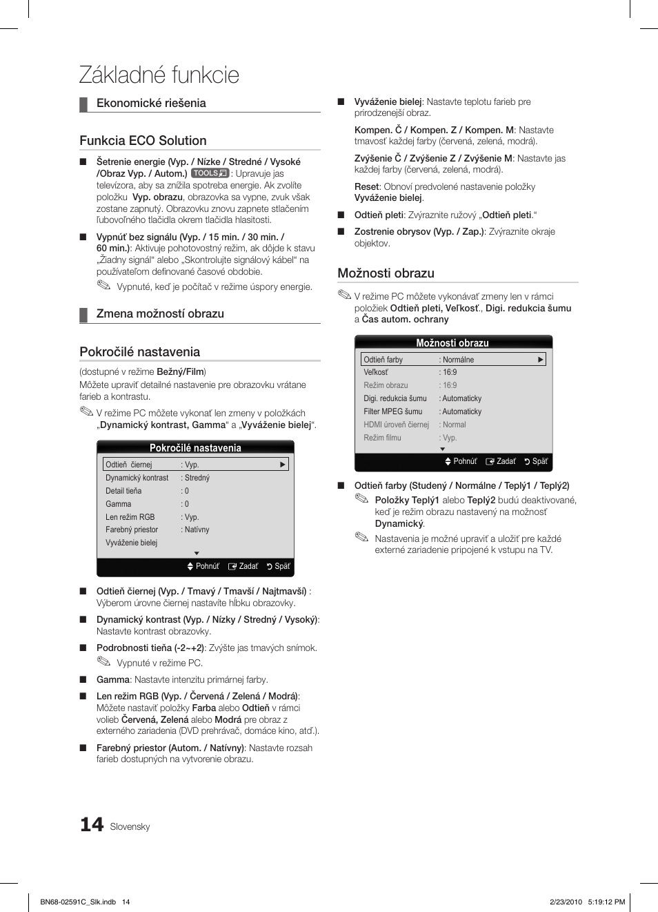 Základné funkcie, Funkcia eco solution, Pokročilé nastavenia | Možnosti obrazu | Samsung LE22C450E1W User Manual | Page 287 / 391