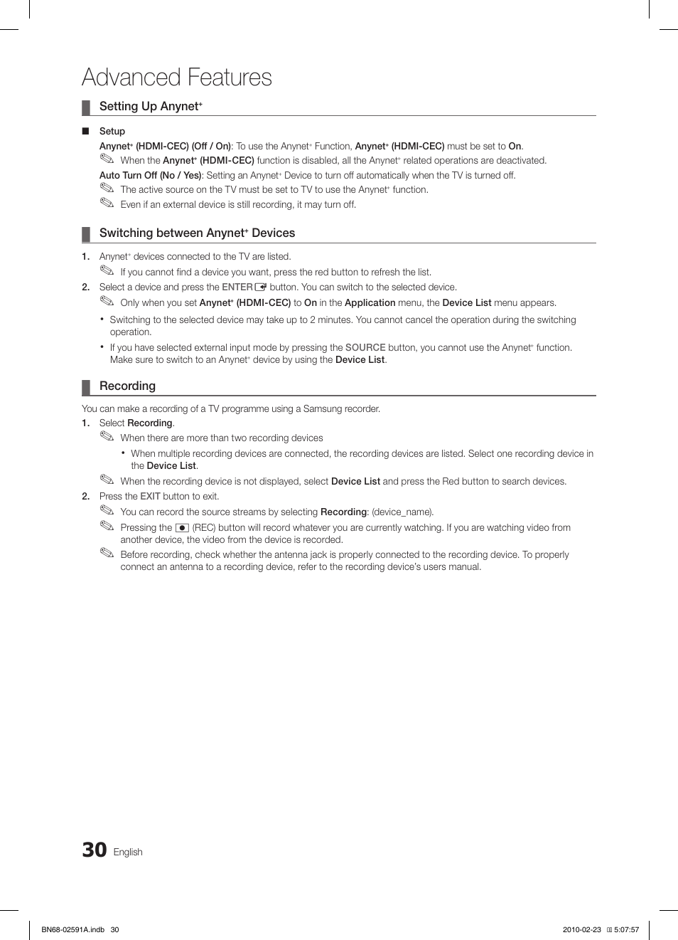 Advanced features | Samsung LE22C450E1W User Manual | Page 30 / 391