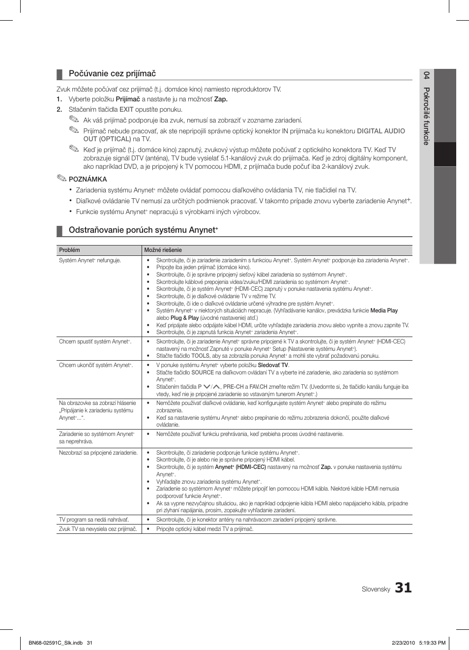 Počúvanie cez prijímač, Odstraňovanie porúch systému anynet | Samsung LE22C450E1W User Manual | Page 304 / 391