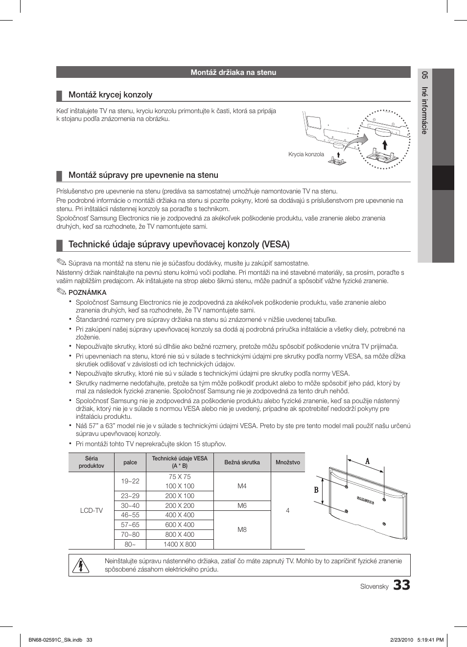 Technické údaje súpravy upevňovacej konzoly (vesa) | Samsung LE22C450E1W User Manual | Page 306 / 391