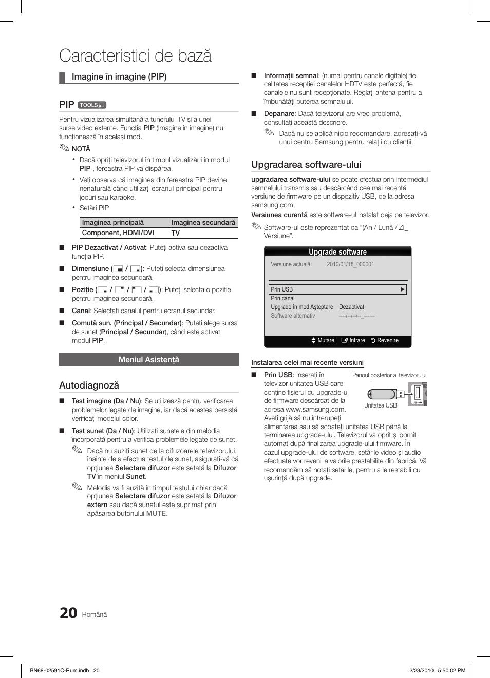 Caracteristici de bază, Autodiagnoză, Upgradarea software-ului | Samsung LE22C450E1W User Manual | Page 332 / 391