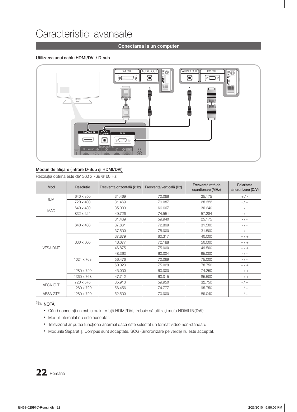 Caracteristici avansate, Conectarea la un computer | Samsung LE22C450E1W User Manual | Page 334 / 391