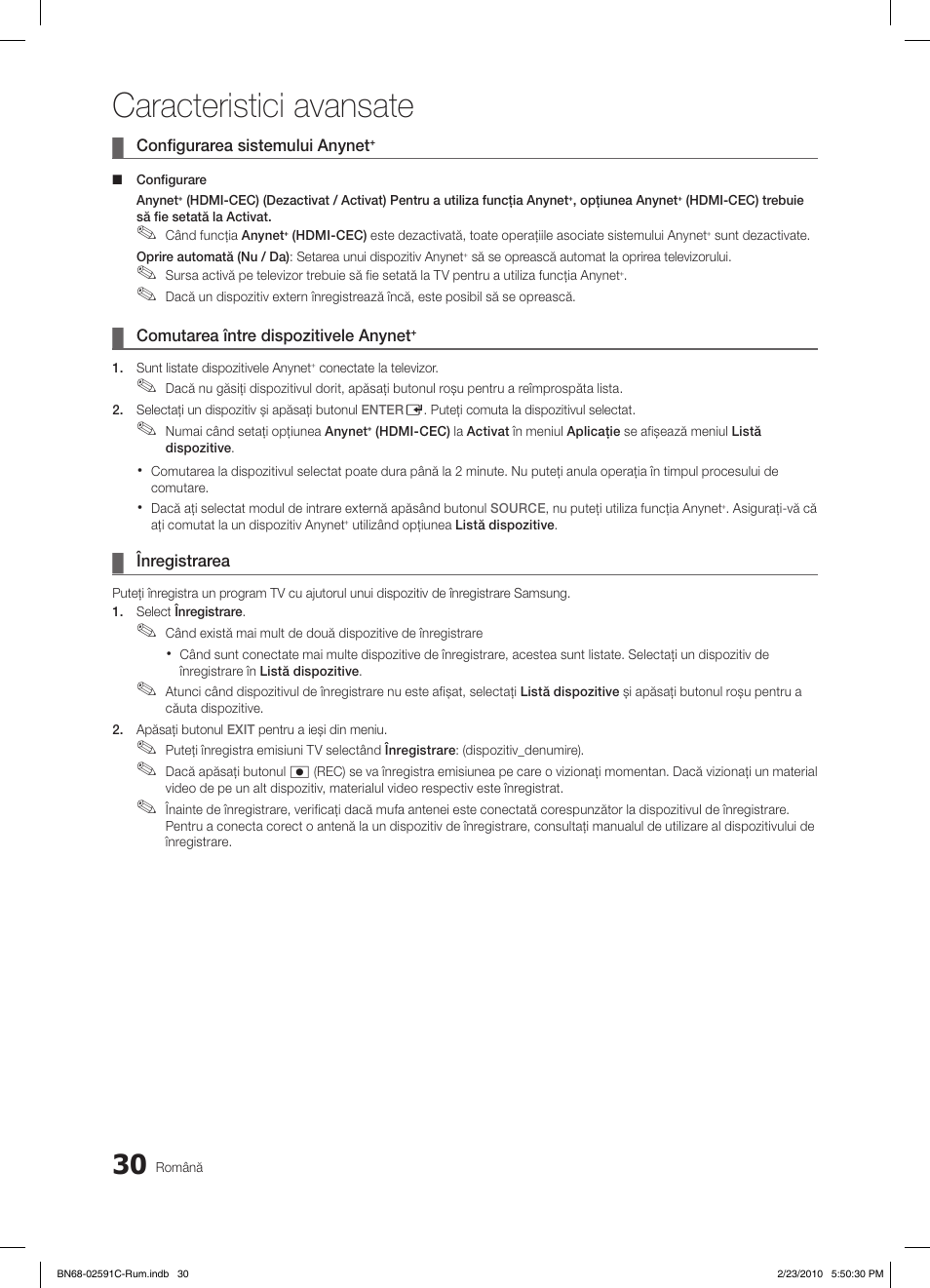 Caracteristici avansate | Samsung LE22C450E1W User Manual | Page 342 / 391