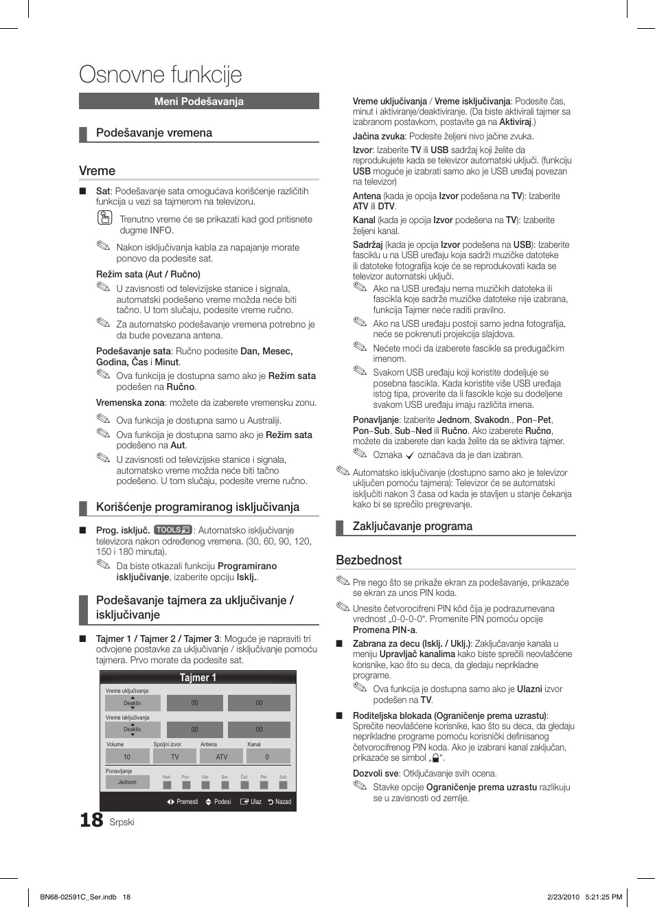 Osnovne funkcije, Vreme, Bezbednost | Samsung LE22C450E1W User Manual | Page 369 / 391