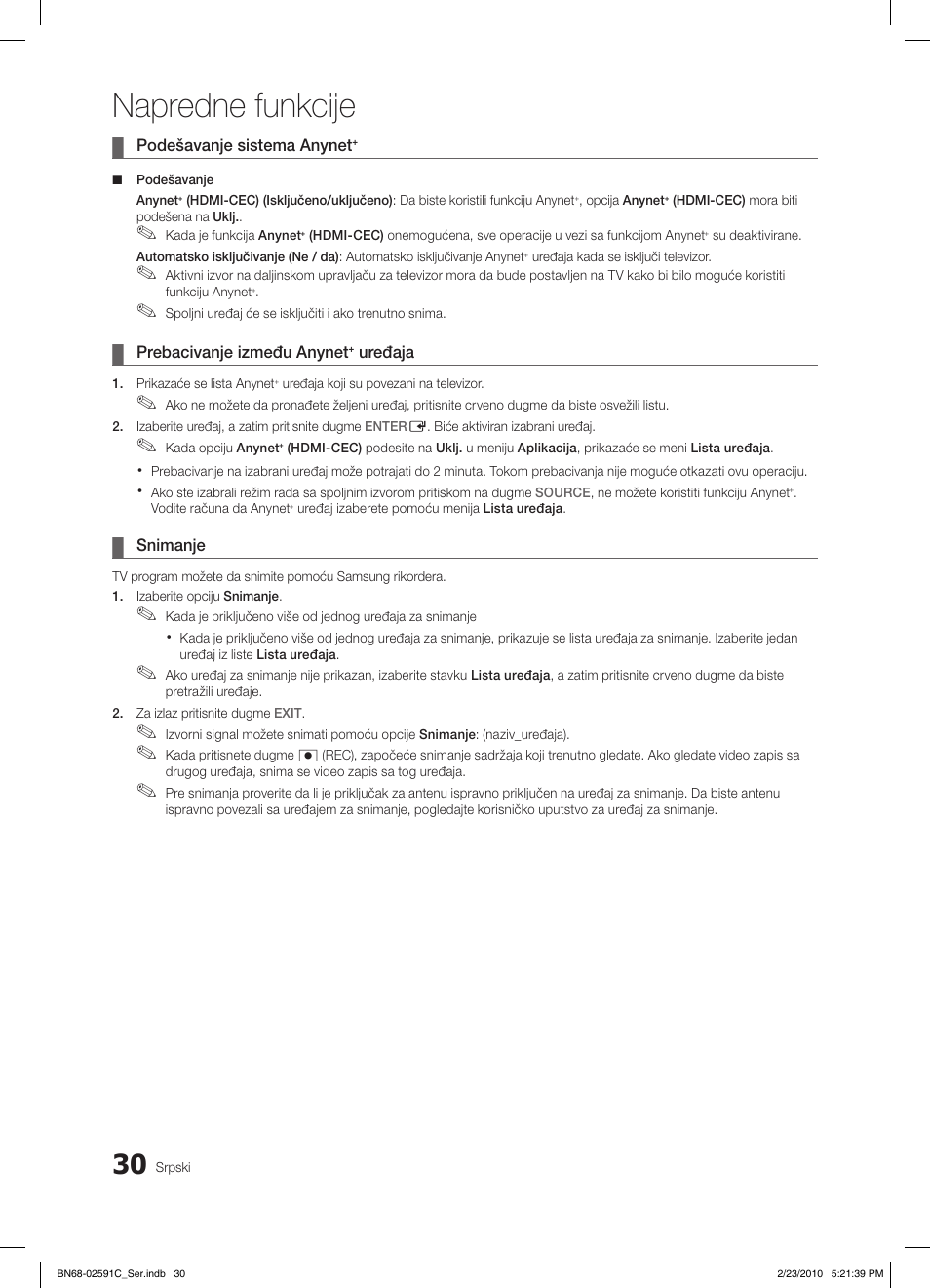 Napredne funkcije | Samsung LE22C450E1W User Manual | Page 381 / 391