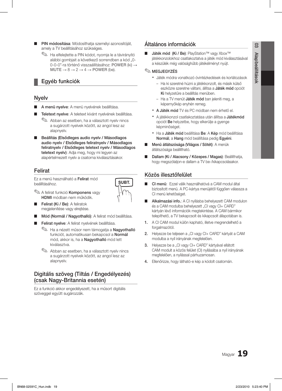 Egyéb funkciók ¦ nyelv, Felirat, Általános információk | Közös illesztőfelület | Samsung LE22C450E1W User Manual | Page 58 / 391