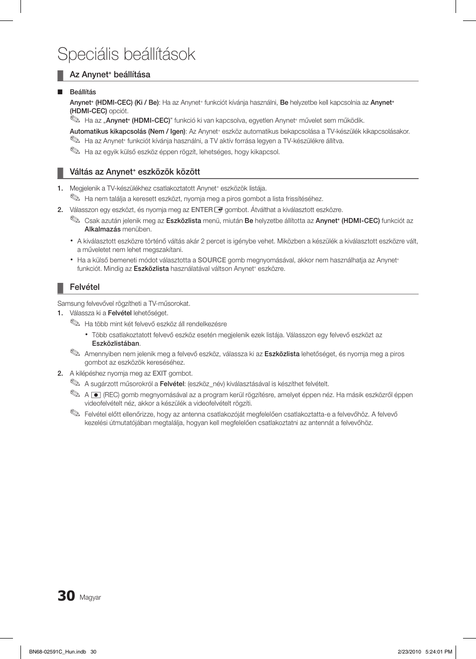 Speciális beállítások | Samsung LE22C450E1W User Manual | Page 69 / 391