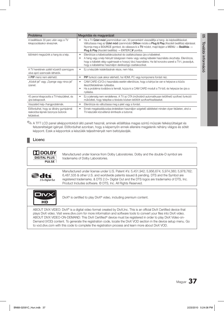 Licenc | Samsung LE22C450E1W User Manual | Page 76 / 391