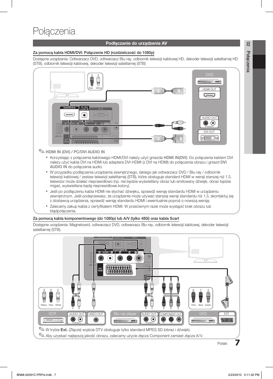 Połączenia, 02 połączenia, Podłączanie do urządzenia av | Polski, Blu-ray player dvd vcr | Samsung LE22C450E1W User Manual | Page 85 / 391