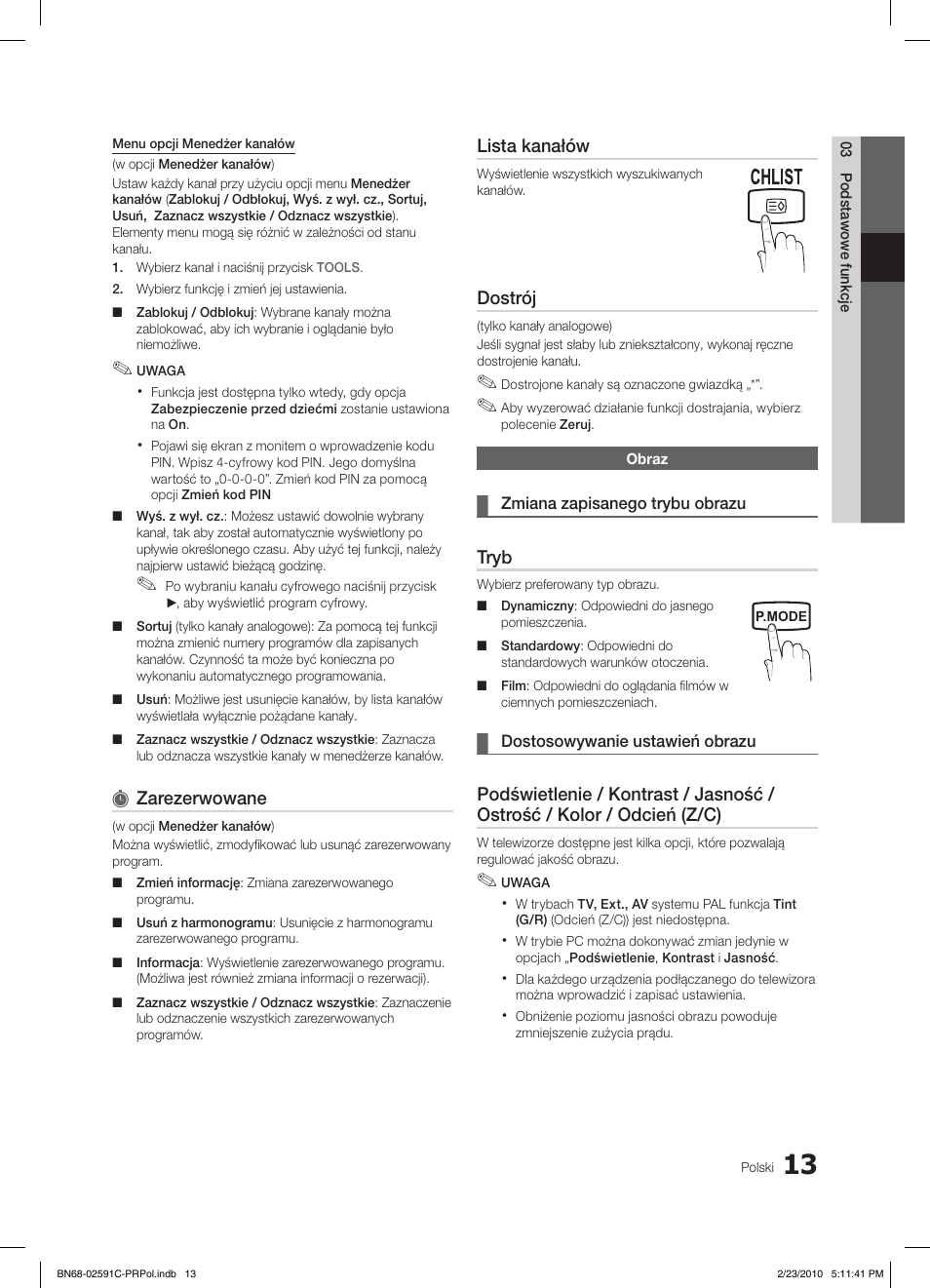Zarezerwowane, Lista kanałów, Dostrój | Tryb | Samsung LE22C450E1W User Manual | Page 91 / 391