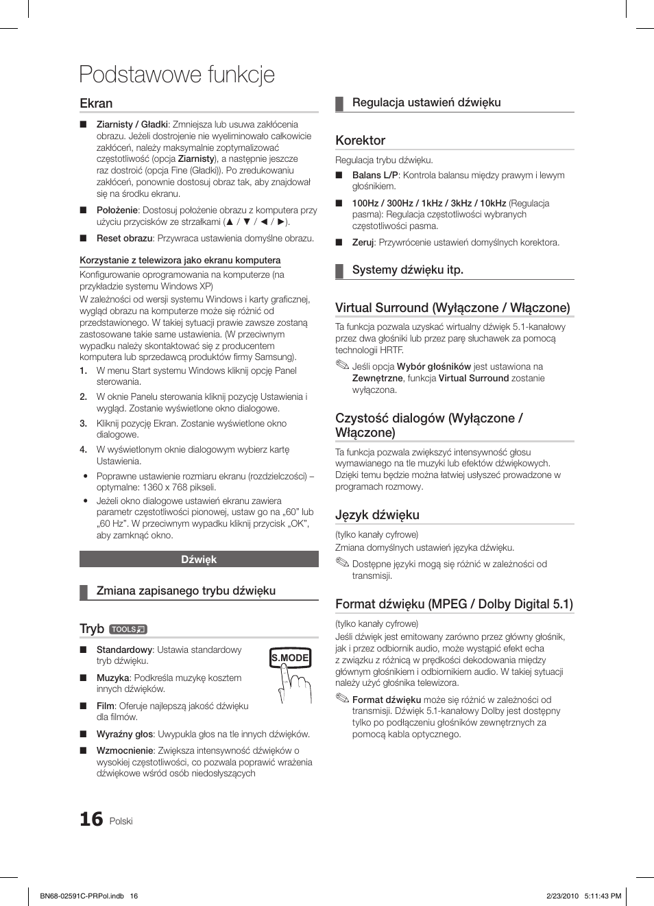 Podstawowe funkcje, Ekran, Tryb | Korektor, Virtual surround (wyłączone / włączone), Czystość dialogów (wyłączone / włączone), Język dźwięku, Format dźwięku (mpeg / dolby digital 5.1) | Samsung LE22C450E1W User Manual | Page 94 / 391