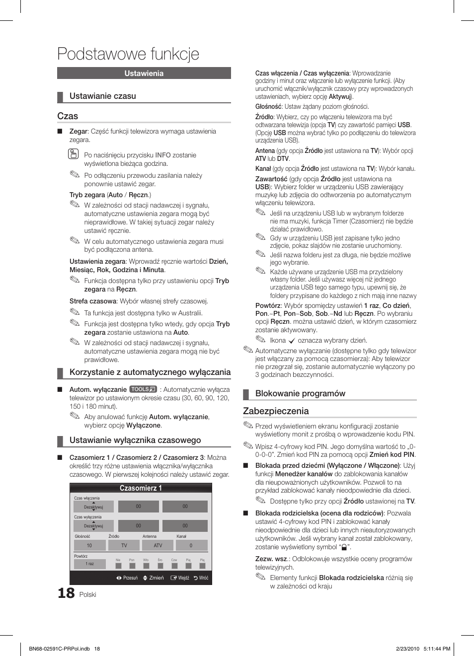 Podstawowe funkcje, Czas, Zabezpieczenia | Samsung LE22C450E1W User Manual | Page 96 / 391