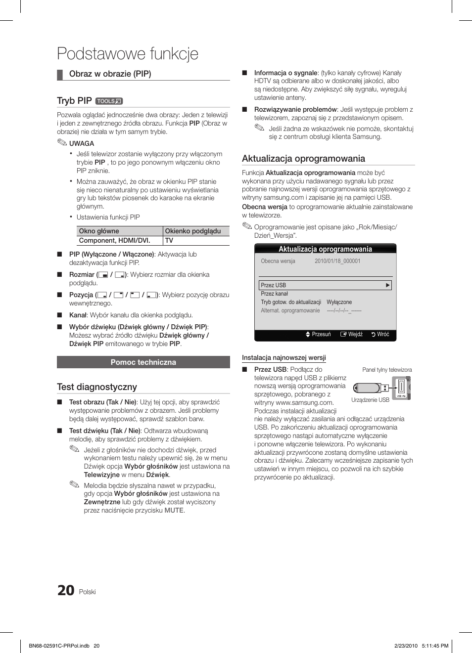 Podstawowe funkcje, Tryb pip, Test diagnostyczny | Aktualizacja oprogramowania | Samsung LE22C450E1W User Manual | Page 98 / 391