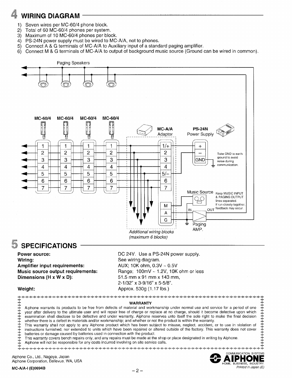 Power source, Weight, Aiphone | Wiring diagram, I specifications | Aiphone MC-A/A User Manual | Page 2 / 2