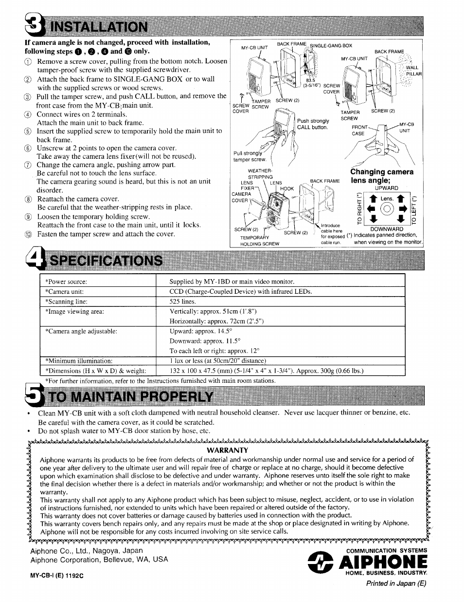 Installation, Specifications, To maintain properly | Aiphone | Aiphone MY-CB User Manual | Page 2 / 2