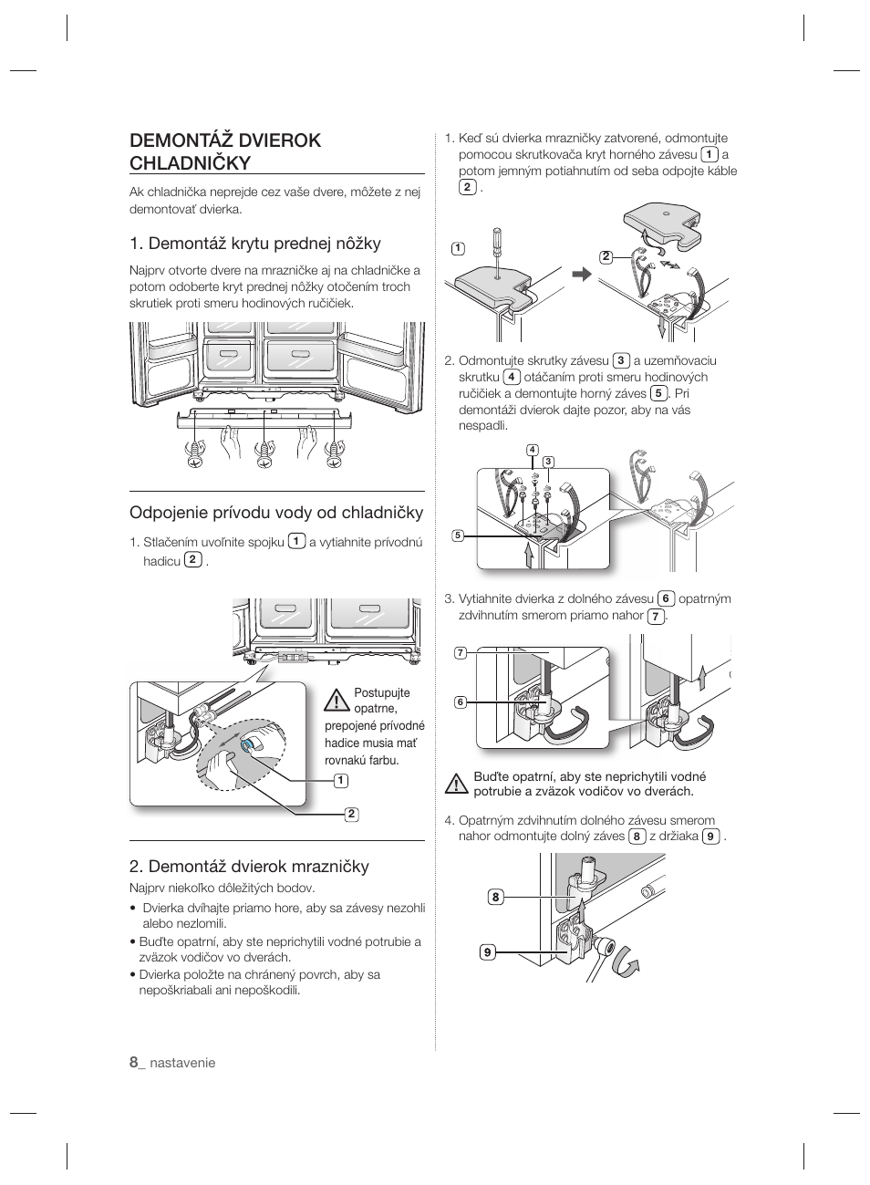 Demontáž dvierok chladničky, Demontáž krytu prednej nôžky, Odpojenie prívodu vody od chladničky | Demontáž dvierok mrazničky | Samsung RSH7PNPN User Manual | Page 104 / 216