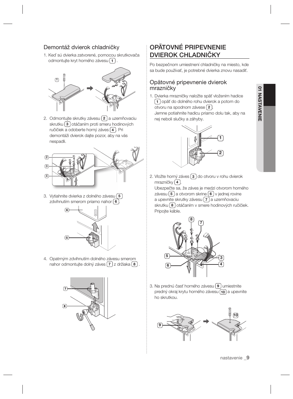 Opätovné pripevnenie dvierok chladničky, Demontáž dvierok chladničky, Opätovné pripevnenie dvierok mrazničky | Samsung RSH7PNPN User Manual | Page 105 / 216