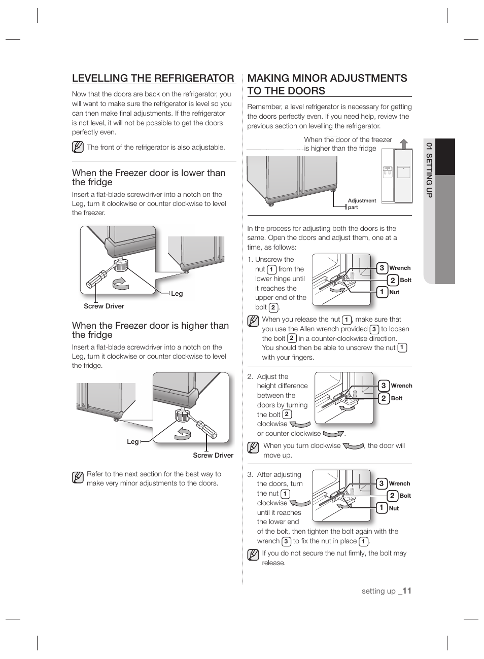 Levelling the refrigerator, Making minor adjustments to the doors, When the freezer door is lower than the fridge | When the freezer door is higher than the fridge | Samsung RSH7PNPN User Manual | Page 11 / 216