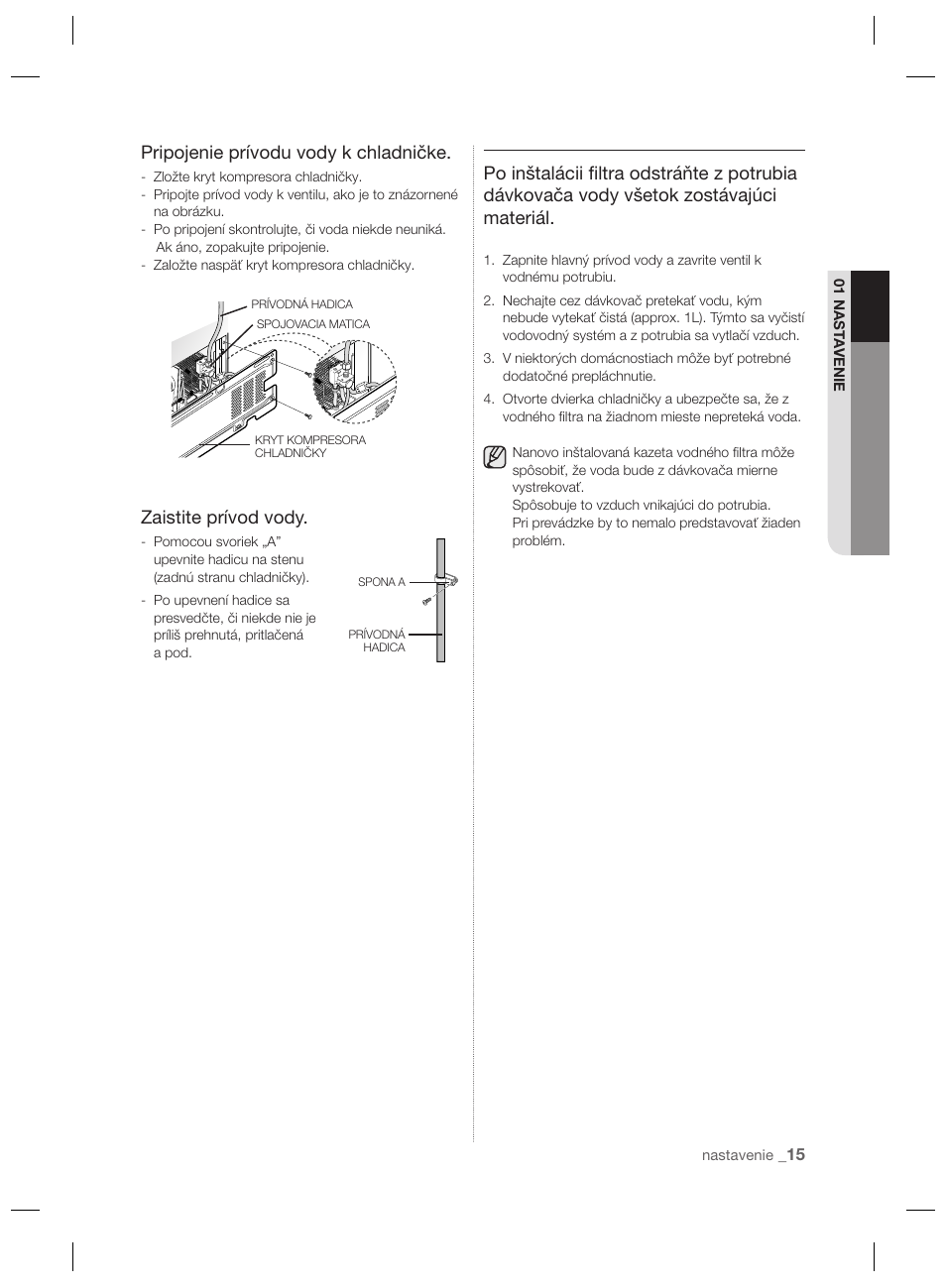 Pripojenie prívodu vody k chladničke, Zaistite prívod vody | Samsung RSH7PNPN User Manual | Page 111 / 216