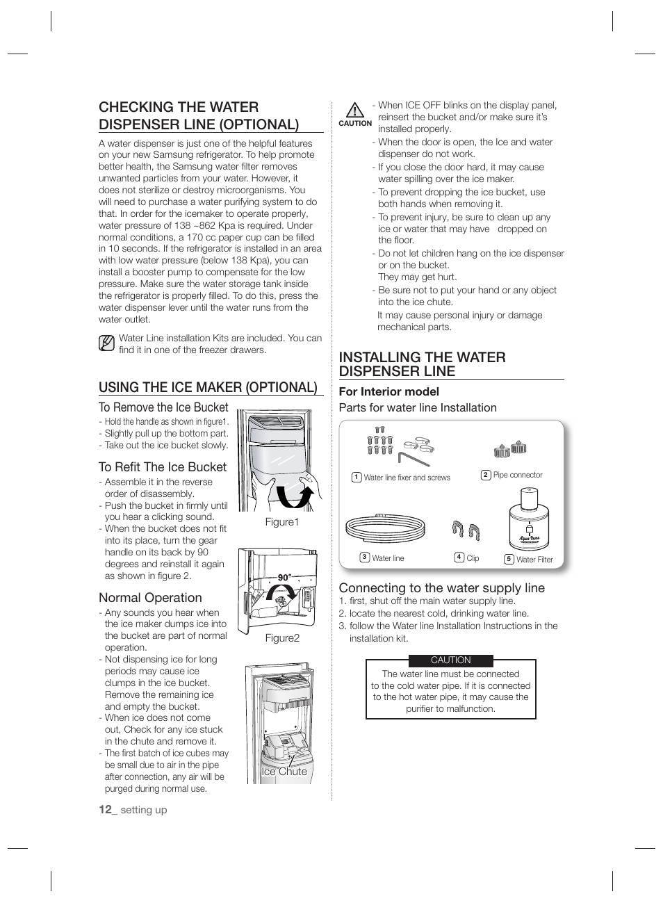 Checking the water dispenser line (optional), Using the ice maker (optional), Installing the water dispenser line | Normal operation, Connecting to the water supply line | Samsung RSH7PNPN User Manual | Page 12 / 216