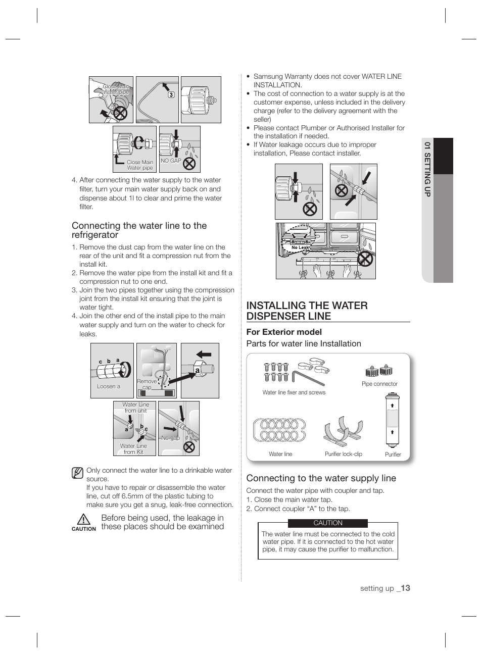 Installing the water dispenser line, Connecting the water line to the refrigerator, Connecting to the water supply line | Samsung RSH7PNPN User Manual | Page 13 / 216