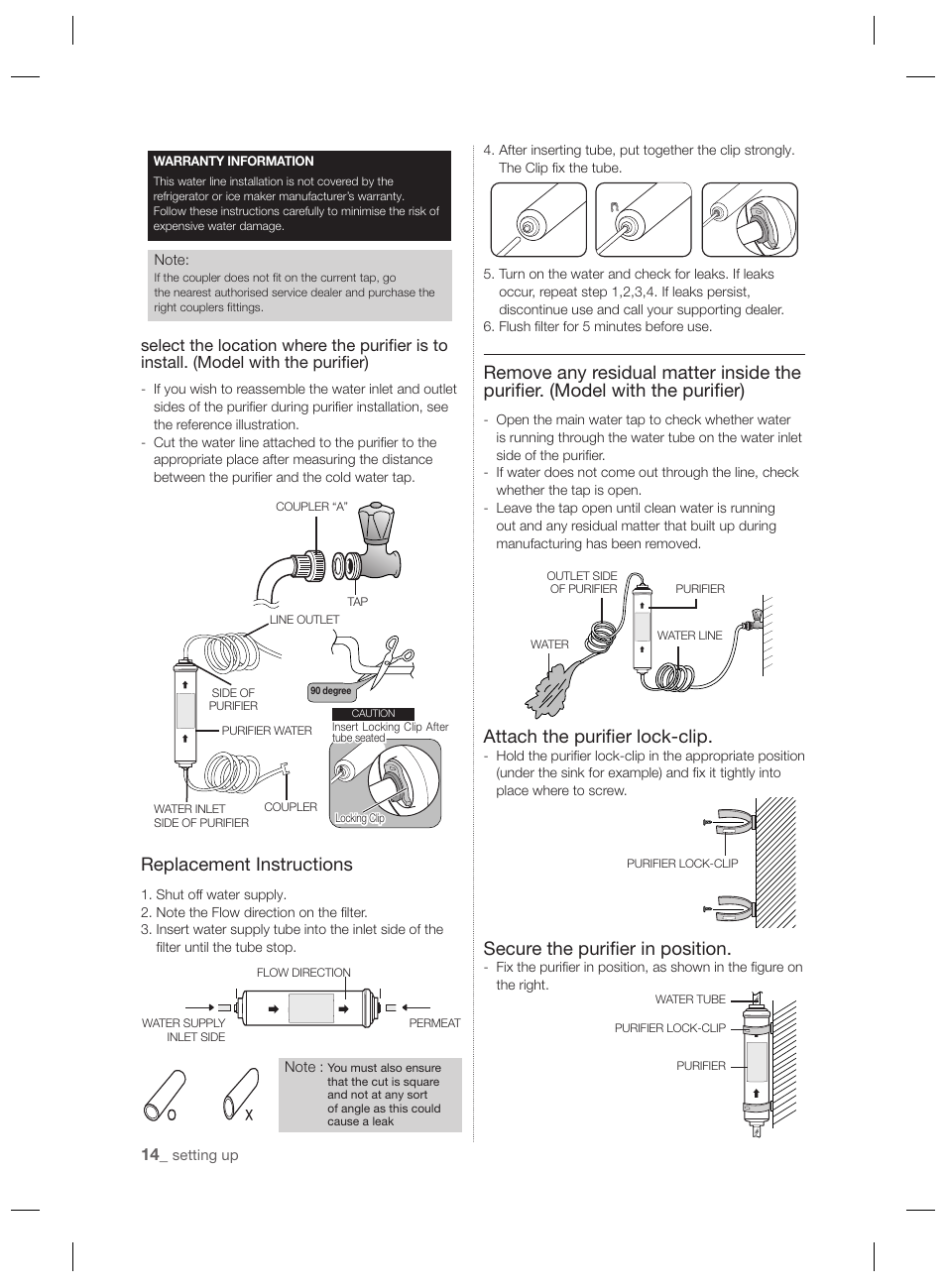 Replacement instructions, Attach the puriﬁ er lock-clip, Secure the puriﬁ er in position | Samsung RSH7PNPN User Manual | Page 14 / 216