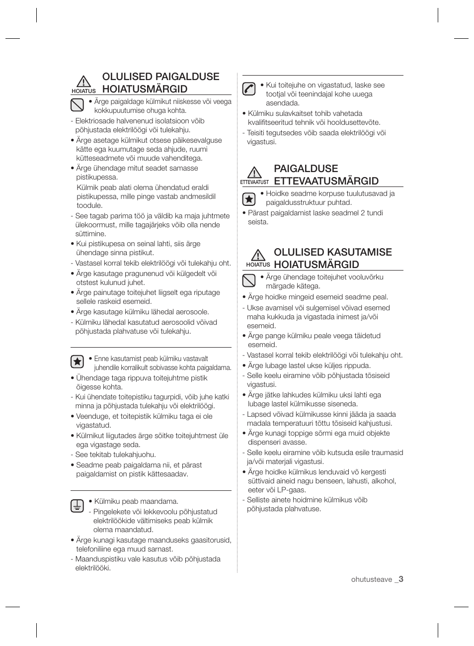 Olulised paigalduse hoiatusmärgid, Paigalduse ettevaatusmärgid, Olulised kasutamise hoiatusmärgid | Samsung RSH7PNPN User Manual | Page 147 / 216